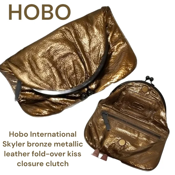 Hobo International Skyler bronze metallic leather fold-over kiss closure clutch - Picture 1 of 16